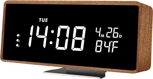 Vista 8 de Reloj despertador digital de madera con altavoz Bluetooth, fecha de temperatura, relojes digitales eléctricos inteligentes, relojes de noche con luz