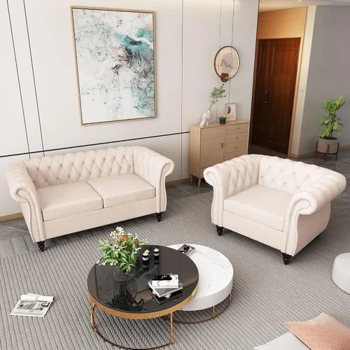 Vista 4 de AVZEAR Juego de sofá modular de 2 piezas para sala de estar, sofá tapizado, moderno juego de sofás estilo con botones acolchonados, sofá Beige