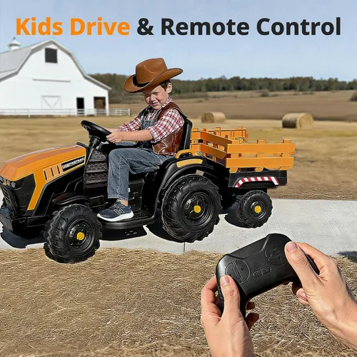 Vista 6 de Juguetes de paseo JCB con licencia de 24 V, tractor eléctrico para niños grandes 3-8 con remolque Amarillo