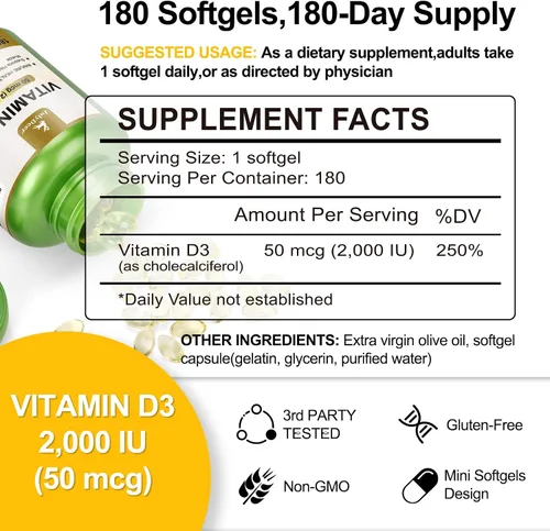 Vista 2 de JulyDeer Vitamina D3 2000 UI (50 mcg) 180 cápsulas blandas Apoya la salud inmunológica, la absorción de calcio y la fuerza ósea Esencial