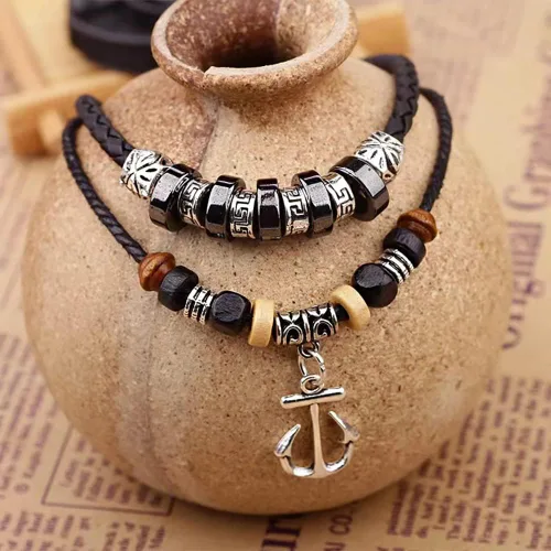 Vista 4 de Collar de cuero negro para hombre, estilo tribal, bohemio, hipppie, doble capa, negro, trenzado, con cuentas, colgante de ancla pirata, Cuero, No es