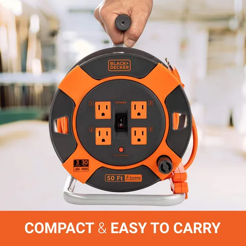 Vista 5 de BLACK+DECKER Carrete de cable de extensión retráctil de 50 pies con 4 tomas, extensión de enchufe múltiple, rebobinado de fácil mango y cable SJTW