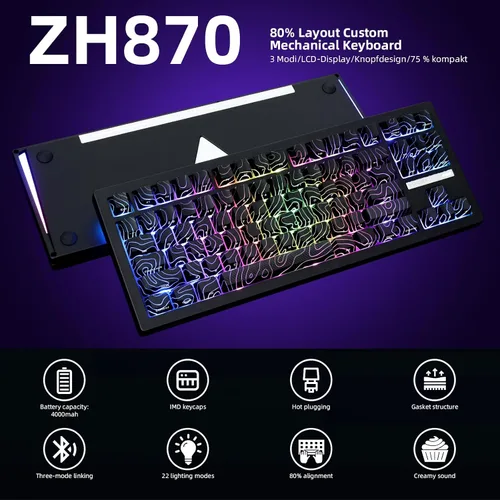 Vista 2 de ZORNHER ZH870 Teclado mecánico inalámbrico para juegos, 80% negro personalizado teclado de sonido cremoso con teclas topográficas negras iluminadas