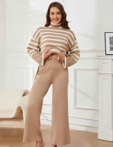 Vista 3 de Tanming Conjuntos de suéter para mujer, manga larga, a rayas, informal, de punto, pantalones de pierna ancha
