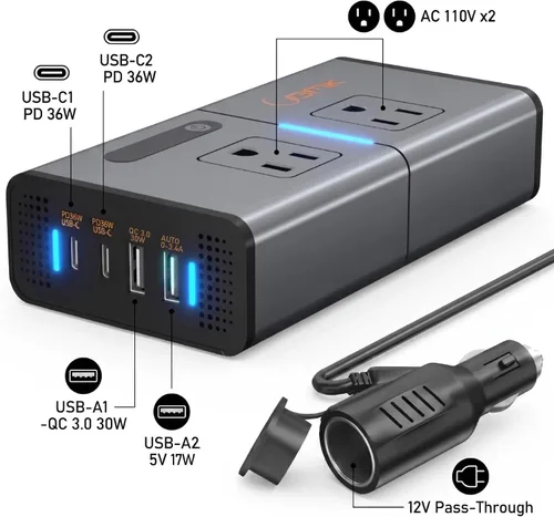 Vista 4 de BMK 200W Inversor de corriente para automóvil Nuevo adaptador de toma de corriente con USB DC 12V a 110V, cargador de automóvil con USB 1.2A y 2.4A