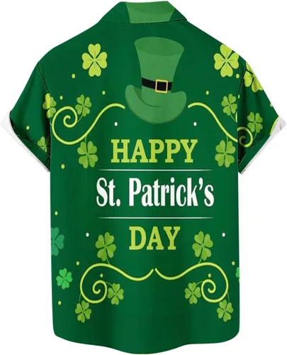Vista 3 de Workout Top Shirts Mens St.Patrick's Day Shamrock Print Tee Blouses Button Turndown T Shirt Short Sleeve Color Block