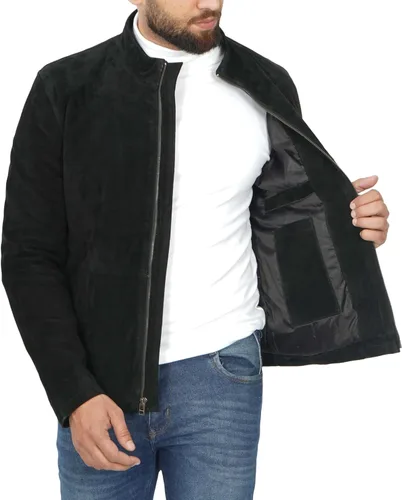 Vista 4 de Blingsoul Brown Suede Jacket Men - Chaqueta de piel de cordero real negra para hombres