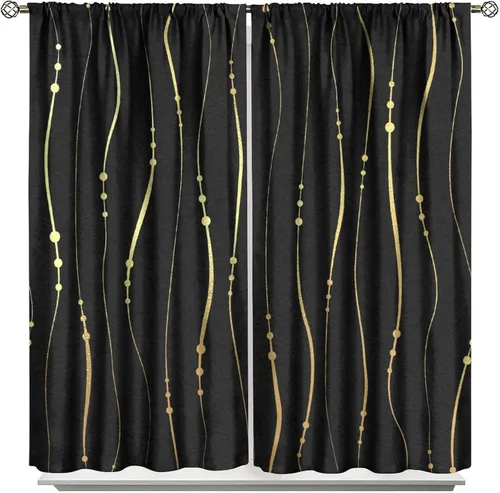 Vista 14 de Cortinas Negras con Dobladillo Dorado, Cortinas Opacas con Bolsillo para Barra con Estampado de Rayas de Foil en Onda Dorada para Decoración de Negro