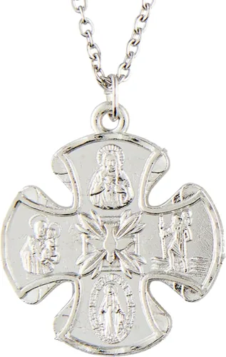Vista 7 de Needzo Collar de cruz católica de cuatro vías para hombre, colgante de tono plateado con San José, San Cristóbal, corazón sagrado y medallas
