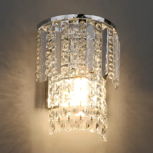 Vista 8 de Aplique de pared moderno de cristal K9 con cableado, acabado cromado, lámpara de pared con gotas de cristal acrílico para dormitorio y sala de estar