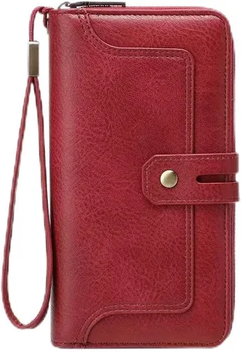 Vista 8 de Cartera pequeña de piel plegable para mujer, de gran capacidad, con bloqueo Rfid, con cremallera, con 16 ranuras para tarjetas y 2 ventanas
