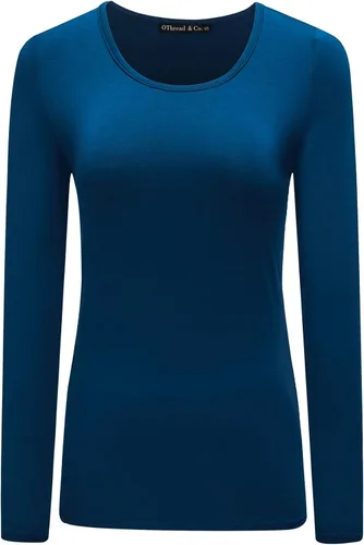 Vista 28 de OThread & Co. Camiseta de manga larga con cuello redondo para mujer, capa básica, de elastano Albaricoque