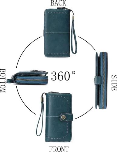 Vista 6 de Billetera de cuero para mujer, de gran capacidad, con cremallera, cartera con cremallera para mujer, 1-azul pavo real, L, Moderno