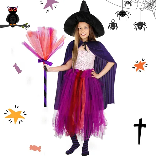 Vista 7 de Hercicy Juego de 5 piezas de disfraz de bruja de Halloween, calcetines a rayas para festival, bolsa de truco o trato de calabaza para niños y niñas