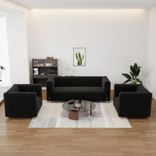 Vista 10 de Sofá capitonado Chesterfield de terciopelo tapizado de 81 pulgadas de ancho, 3 plazas, cómodo sofá para sala de estar, dormitorio, oficina Negro