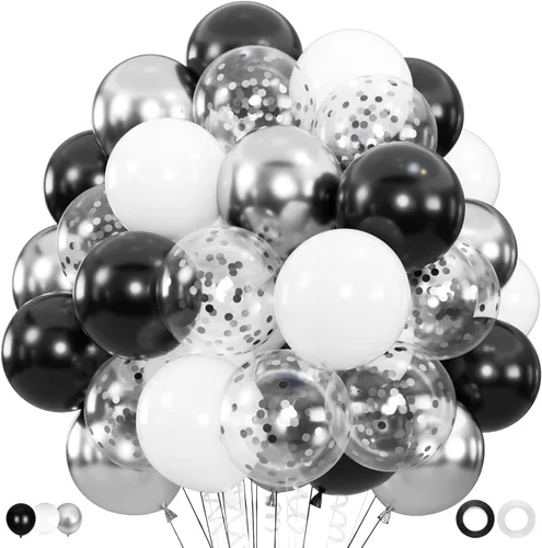 Vista 7 de 100 globos negros dorados y blancos con globos de confeti metálicos dorados y negros de 12 pulgadas para clase de graduación, decoración de fiesta