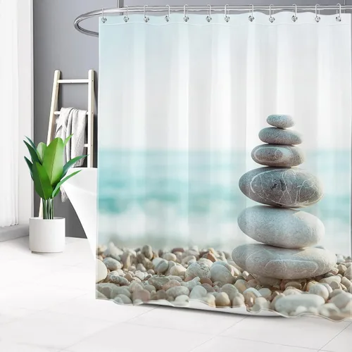 Vista 15 de LB Cortina de ducha asiática de piedra zen, cortina de ducha japonesa para baño, cortinas de baño de tela negra de 48 x 72 pulgadas con ganchos