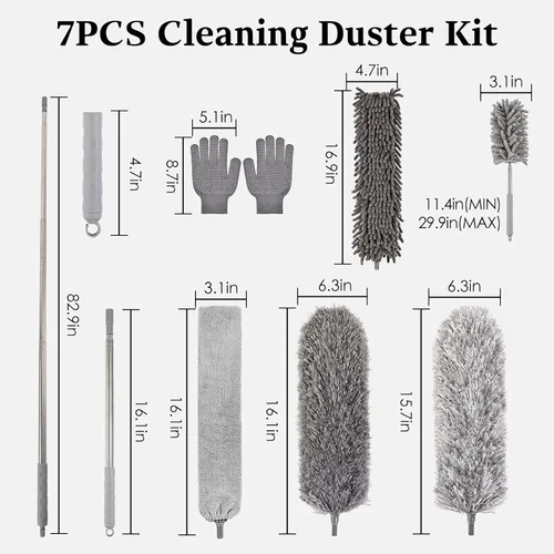 Vista 3 de Kit de plumero de microfibra con poste de extensión, 7 piezas lavables y reutilizables para limpieza, plumero largo extensible de 100 pulgadas
