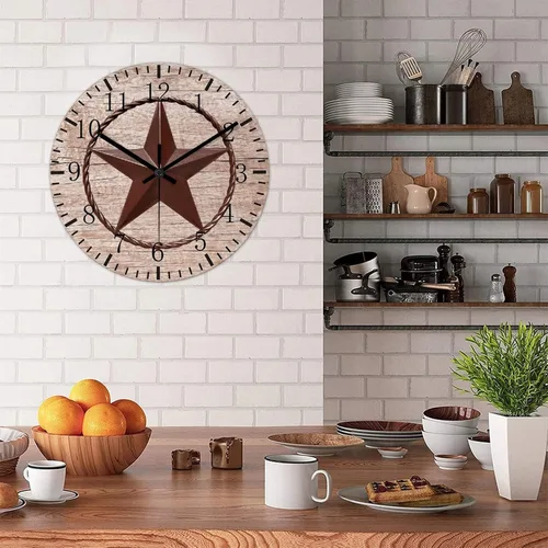 Vista 4 de Reloj de pared redondo de estilo rústico con estrella de Texas occidental, reloj de madera, silencioso sin tictac, funciona con pilas, con números