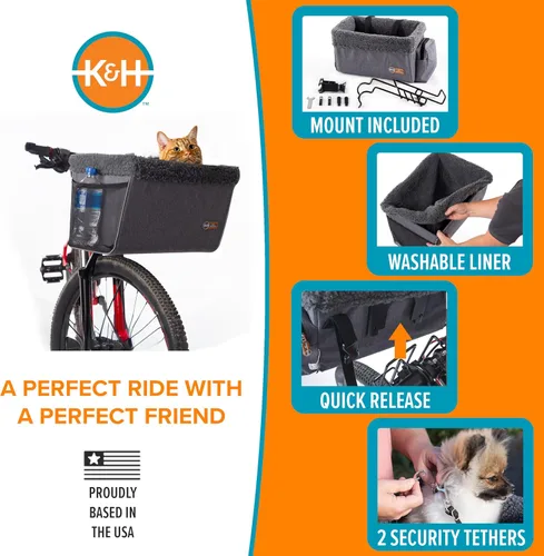 Vista 3 de K&H Pet Products Cesta de bicicleta delantera para perros, canasta universal para gatos y perros con soporte frontal para bicicleta incluido, forro