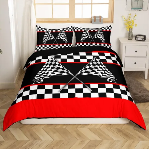 Vista 25 de Feelyou Race Car Duvet Cover Twin Size Boys Girls Speed Sports Car Bedding Set Breathable Soft Racing Comforter Cover 2Pcs Black White Checked Azure