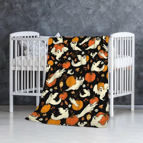 Vista 56 de Manta de Halloween para bebé, diseño de calabaza, fantasma, telaraña, súper suave, manta acogedora para recién nacido, manta de recepción para bebé