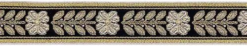 Vista 2 de JL 475 - Hoja floral dorada metálica de jacquard sobre cinta negra de 1 pulgada (0.984 in), 5 yardas para manualidades de costura, decoración