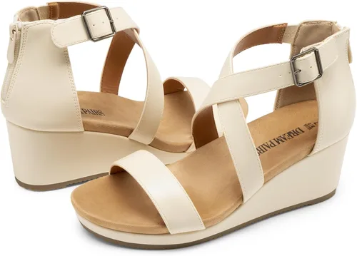 Vista 6 de Dream Pairs - Sandalias con plataforma de cuña para mujer, con punta abierta y correa para el tobillo con hebilla, para el verano Beige