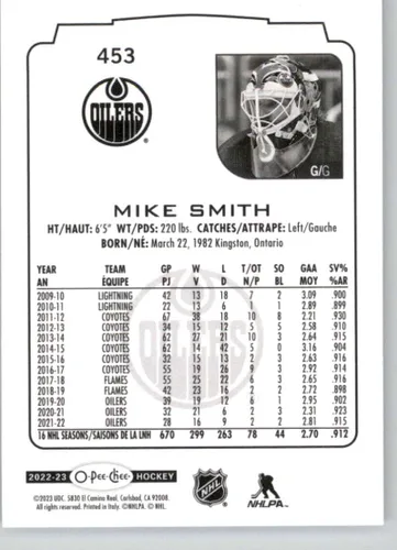 Vista 2 de 2022-23 O-Pee-Chee #453 Mike Smith Edmonton Oilers NHL Hockey Trading Card