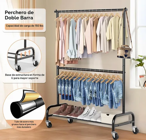 Vista 2 de MISSLO Perchero resistente para ropa con doble varilla para colgar, estante de ropa enrollable, armario de closet con ruedas, metal, ajustable, negro