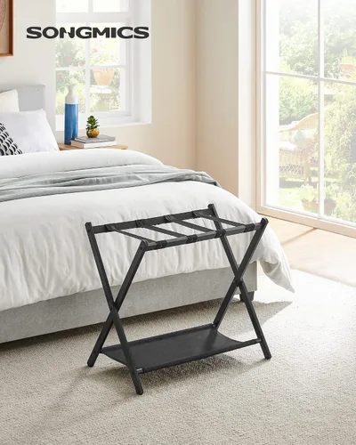 Vista 2 de SONGMICS Portaequipajes para habitación de invitados, soporte para maleta con estante de almacenamiento, marco de acero, plegable para un fácil Negro