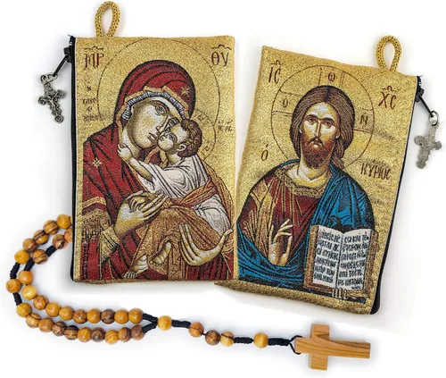 Vista 15 de Bolsa de rosario con cuerda católica de madera de olivo, rosario de Israel, Jesús Rey del Universo y creo en Dios, tela tejida, estilo tapiz, bolsa