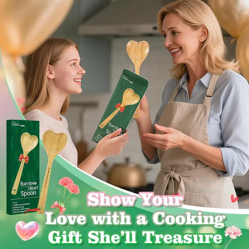 Vista 6 de Cuchara de bambú en forma de corazón para cocinar, cocina de madera con cuchara de amor, utensilios de cocina, regalos para abuela, mamá, pareja