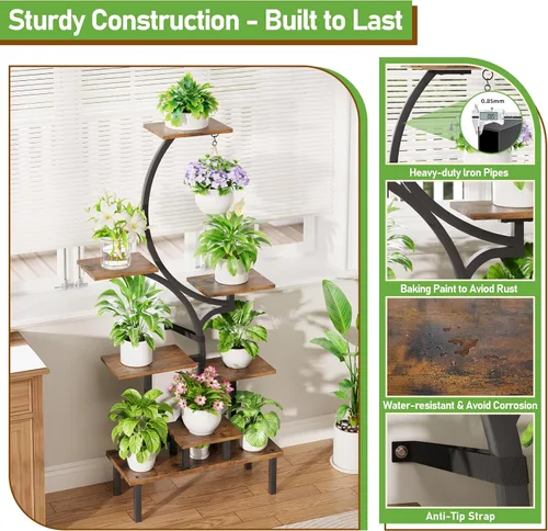 Vista 8 de Soporte para plantas de interior con luces de crecimiento, estante para plantas de interior de 7 niveles con base elevada y gancho para colgar