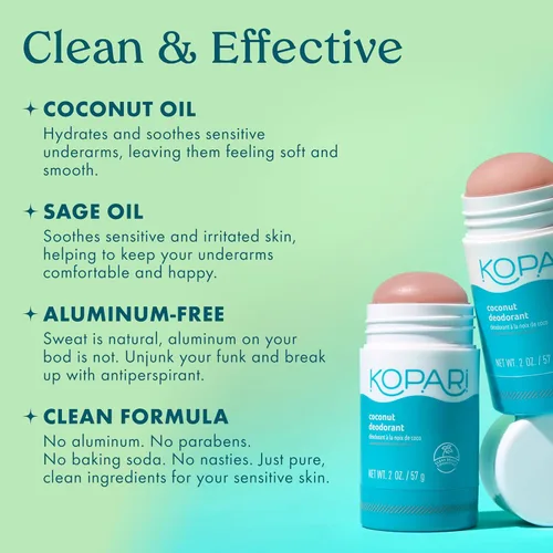 Vista 4 de Kopari Desodorante de coco sin aluminio, no tóxico y limpio a base de plantas, sin aluminio, parabenos o bicarbonato de sodio, protección de larga