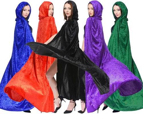 Vista 6 de Capa de bruja de terciopelo de Halloween para adultos, capa de bruja de longitud completa para mujer