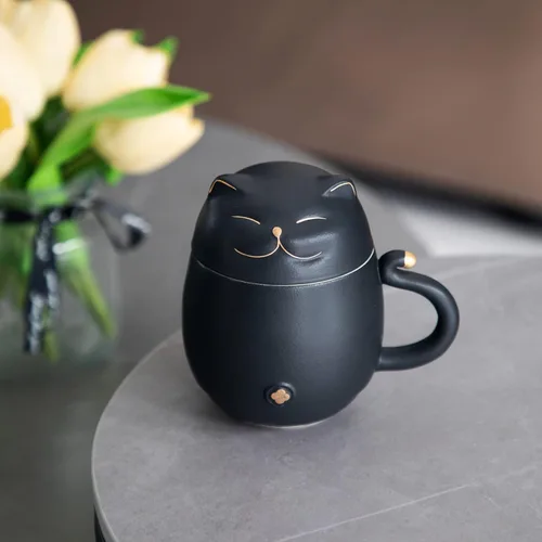 Vista 7 de HEER Taza de té para gatos con infusor y tapa, taza de té de cerámica de hojas sueltas de 10 onzas, regalo para amantes de los gatos para amigos
