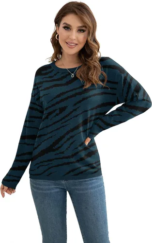 Vista 3 de VIISHOW - Suéteres de punto con manga larga cuello redondo y estampado para mujer, Azul Leopard, XXL