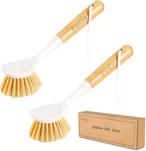 Vista 7 de Paquete de 2 cepillos para platos con mango de bambú, raspador integrado para platos, cepillo para sartenes, ollas, limpieza de mostrador