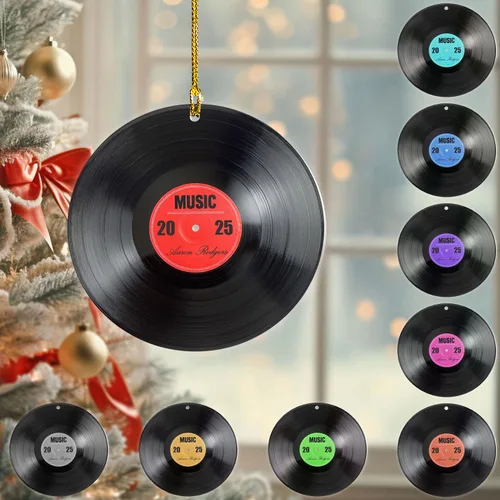 Vista 16 de Adorno de Navidad personalizado, máquina de discos de vinilo, adorno plano 2D, adorno para tocadiscos, instrumento musical, decoración de árbol