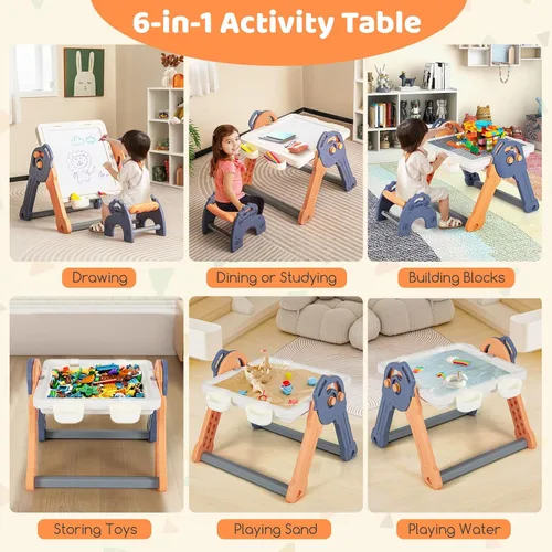 Vista 2 de Costzon Juego de mesa y silla 6 en 1 para niños, caballete de arte plegable con marcadores, borrador, 102 ladrillos compatibles, mesa de bloques