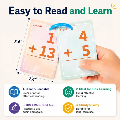 Vista 3 de Tarjetas de memoria de suma y resta Alened, tarjetas flash matemáticas 2do grado Math Facts Flashcards 1-20, Math Manipulatives Games for