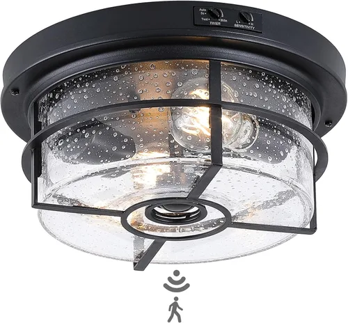 Vista 9 de CALOKES Lámpara de techo con sensor de movimiento de montaje empotrado para exteriores, diseño industrial atemporal con vidrio transparente sembrado