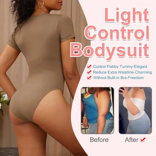 Vista 4 de Body de manga corta con cuello redondo para mujer, sin costuras, camiseta triangular acanalada, camiseta básica, leotardo