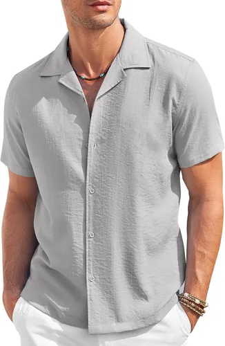 Vista 13 de COOFANDY Camisa casual con botones para hombre, manga corta, texturizada, para verano, para playa cubana