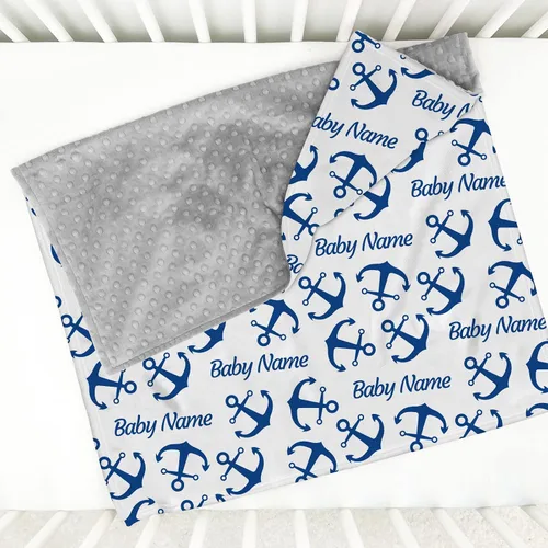 Vista 2 de Mantas náuticas personalizadas de color azul marino para niños y niños, mantas de Minky suaves personalizadas con nombre, manta de felpa suave