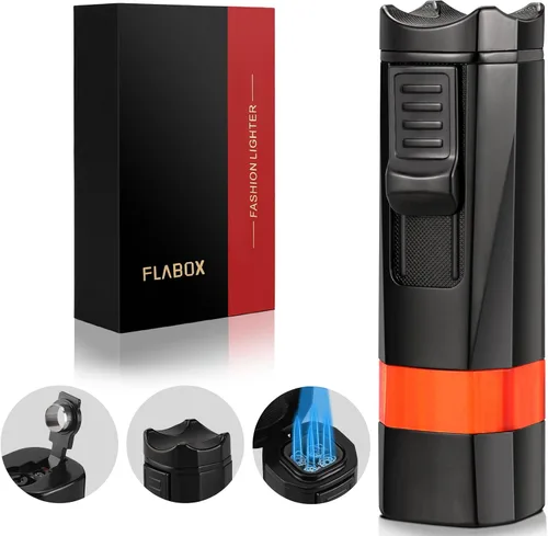 Vista 7 de Encendedor de llama de cuatro chorros con punzón y soporte, resistente al viento, encendedor de butano recargable multifuncional, caja de regalo