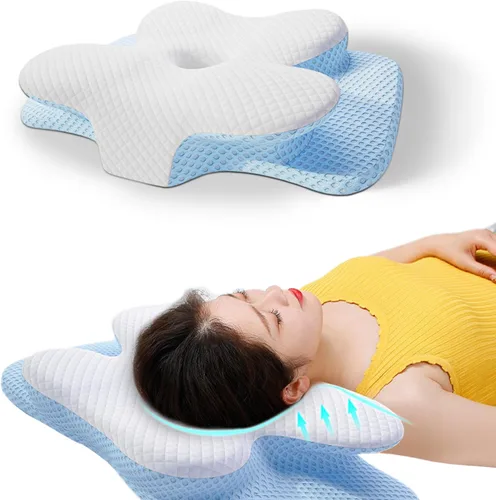 Vista 8 de Almohada cervical para cuello y hombro, almohadas ergonómicas de espuma viscoelástica para dormir con funda de almohada lavable, almohada Azul Cielo