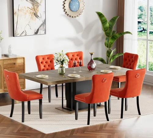 Vista 21 de Henf Juego de mesa de comedor extensible de 78 pulgadas para 6 mesas rectangulares de madera de 7 piezas con 6 sillas tapizadas de terciopelo, mesa