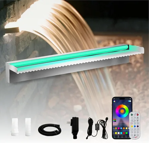 Vista 11 de Pamopamo Cascada Vertedero para Piscina de Acero Inoxidable Fuente de Estanque, Fuentes Negras para Exteriores con Control por APP y LED Coloridos